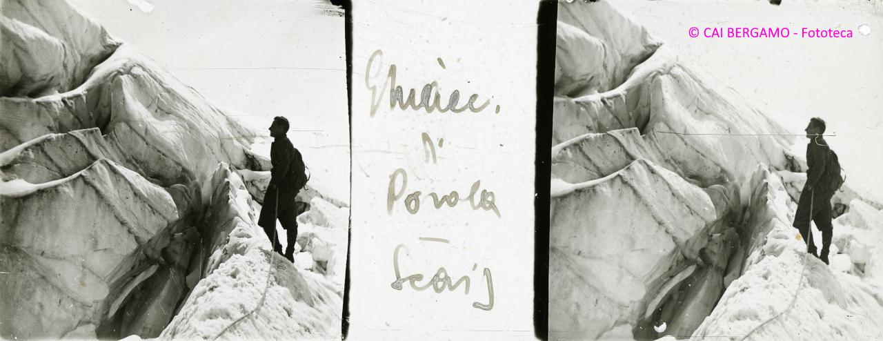 "Ghiacciaio di Parola/Scais", Alpinista tra i seracchi del ghiacciaio (luglio 1919)"