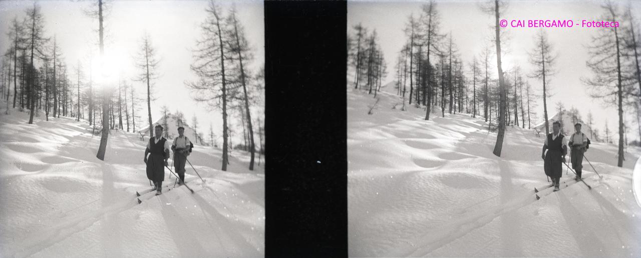 Scialpinisti nel bosco e con neve incontaminata
