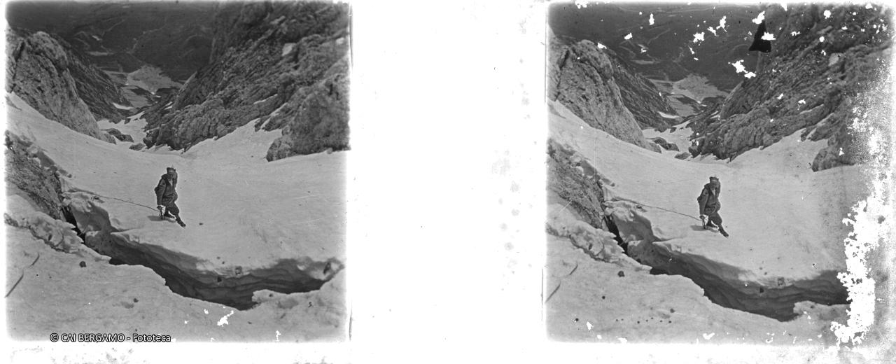 Salita su nevaio e sosta davanti a crepaccio