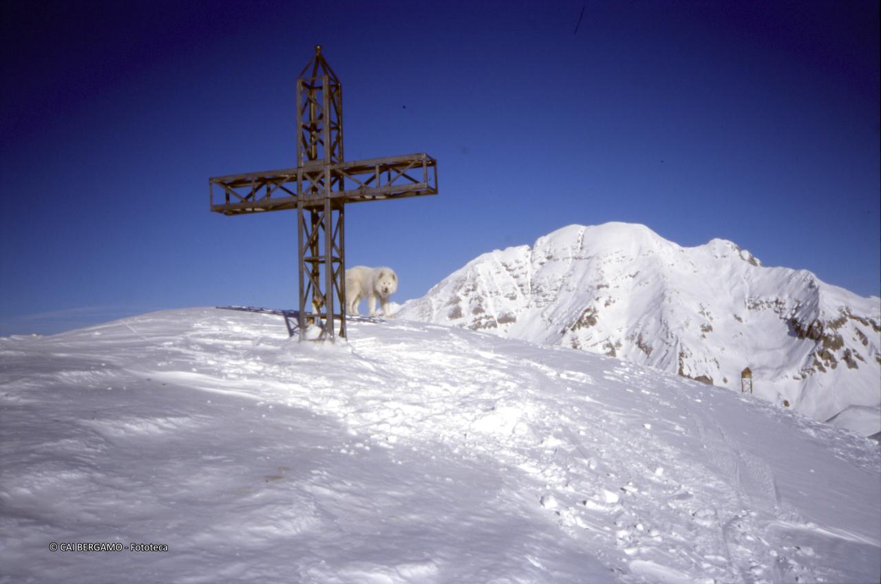 Croce sul Monte Grem innevato, sotto lo sguardo del Pizzo Arera